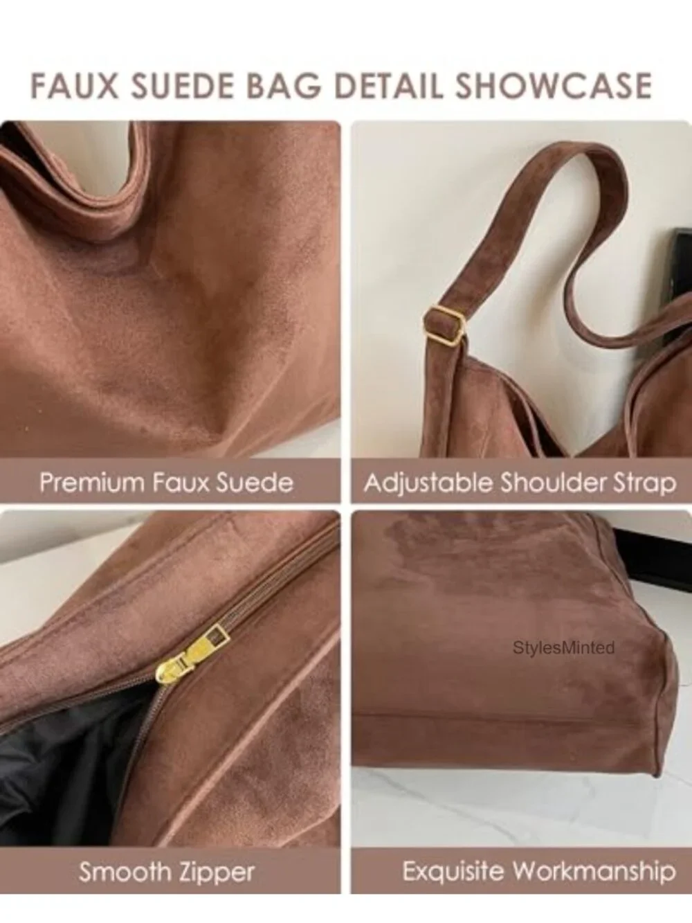 Faux Suede Slouchy Hobo Shoulder Bag Large Tote Crossbody for Work Travel